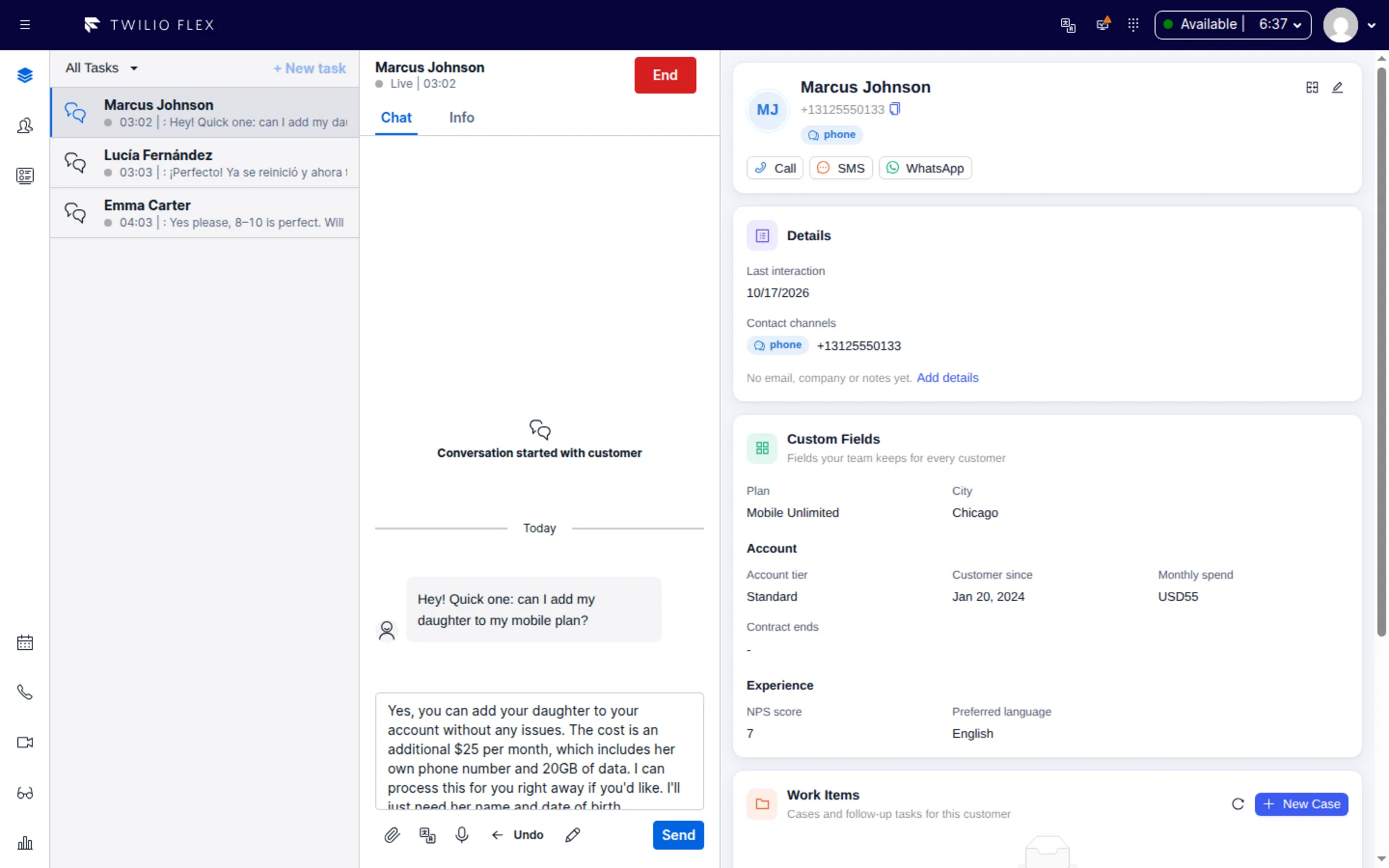 Floor Walker AI Compose in Twilio Flex: a rough draft rewritten into a clear, courteous reply, with Undo next to the message box