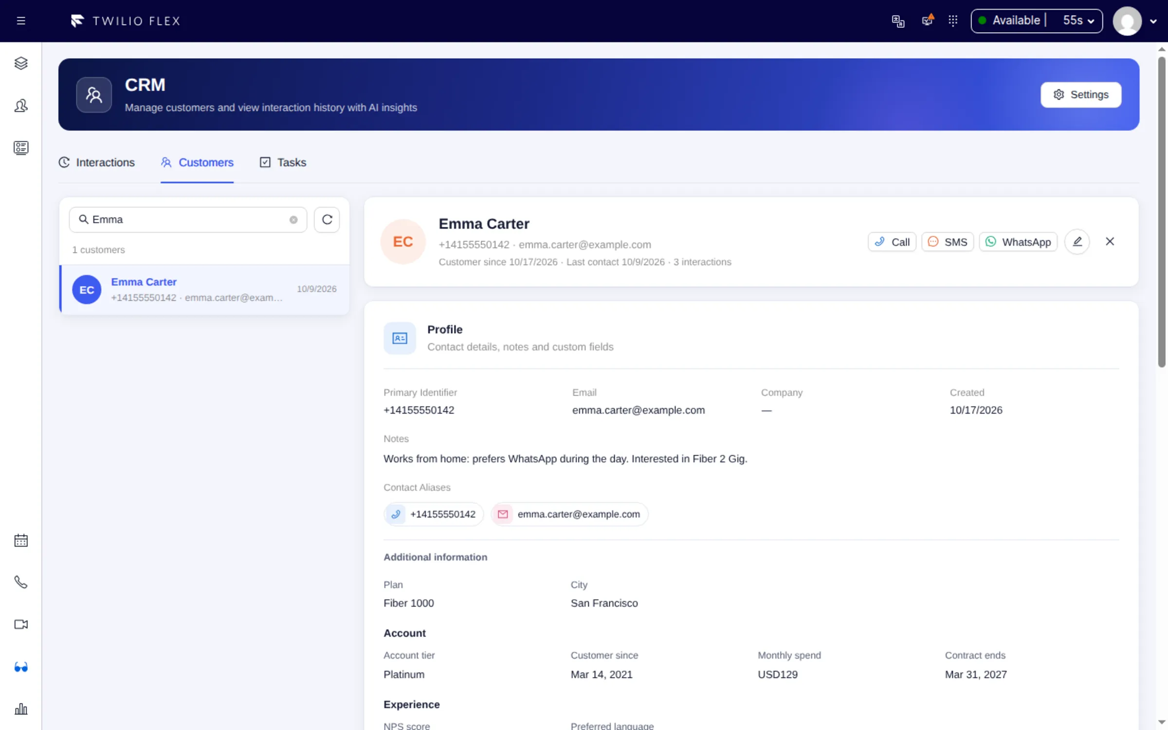 Customer record in the CRM view