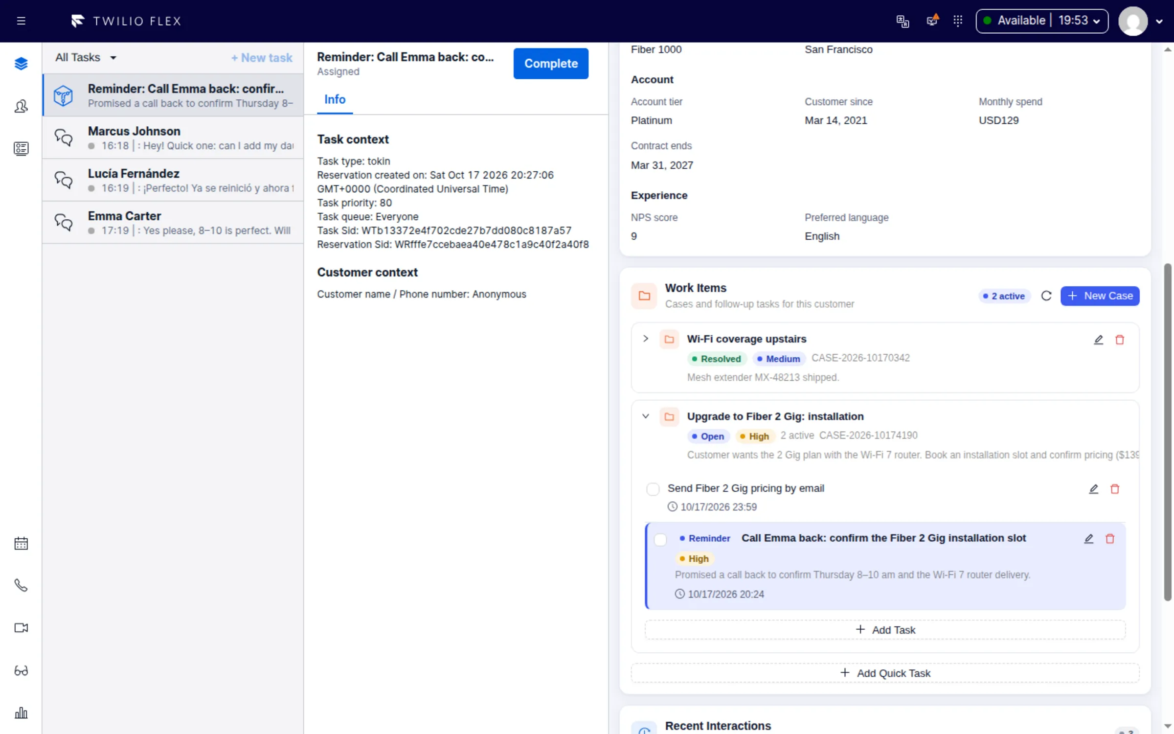 A scheduled follow-up arriving as a Flex task, with the customer already open