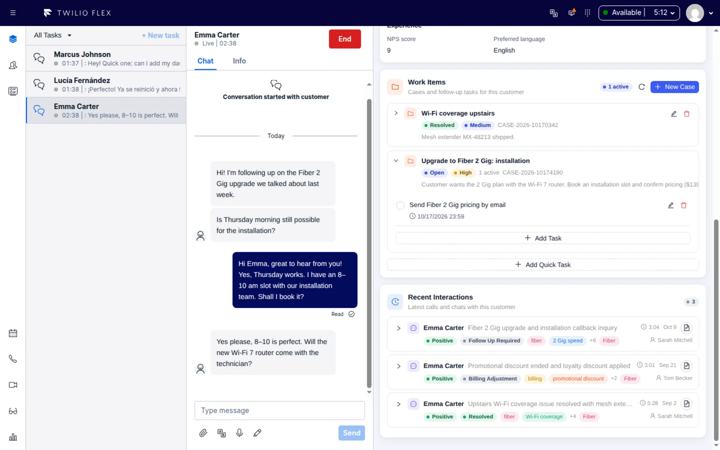 The Floor Walker agent desktop in Twilio Flex: a live chat next to the customer's CRM profile and AI-summarized history