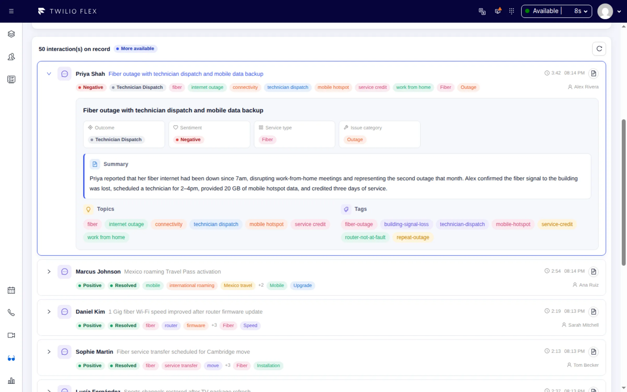 AI analysis of one Twilio Flex chat in Floor Walker: outcome, sentiment, service type, issue category, a summary, topics and tags