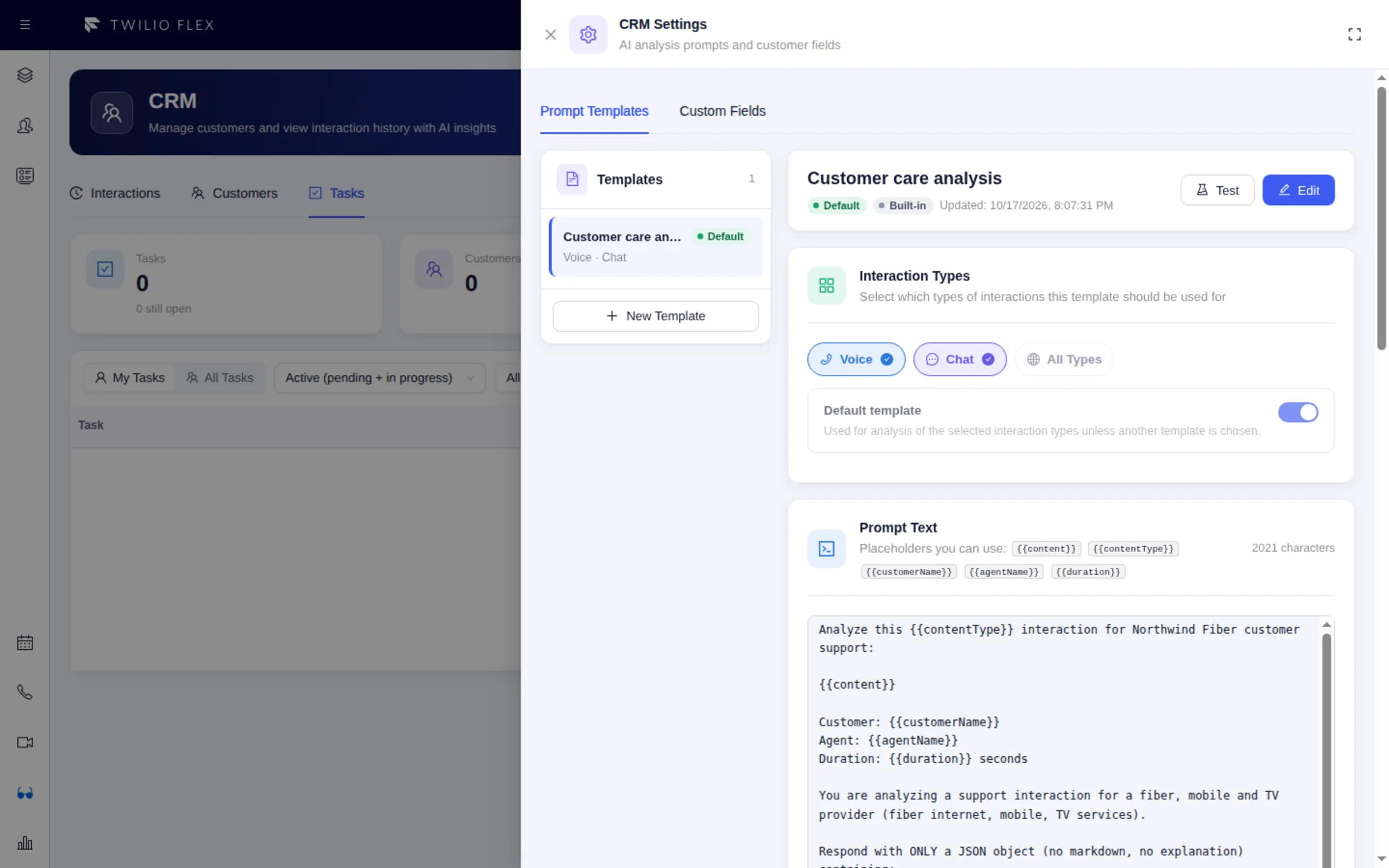 Floor Walker prompt template editor in Twilio Flex: prompt text, interaction types and the output schema with filterable fields