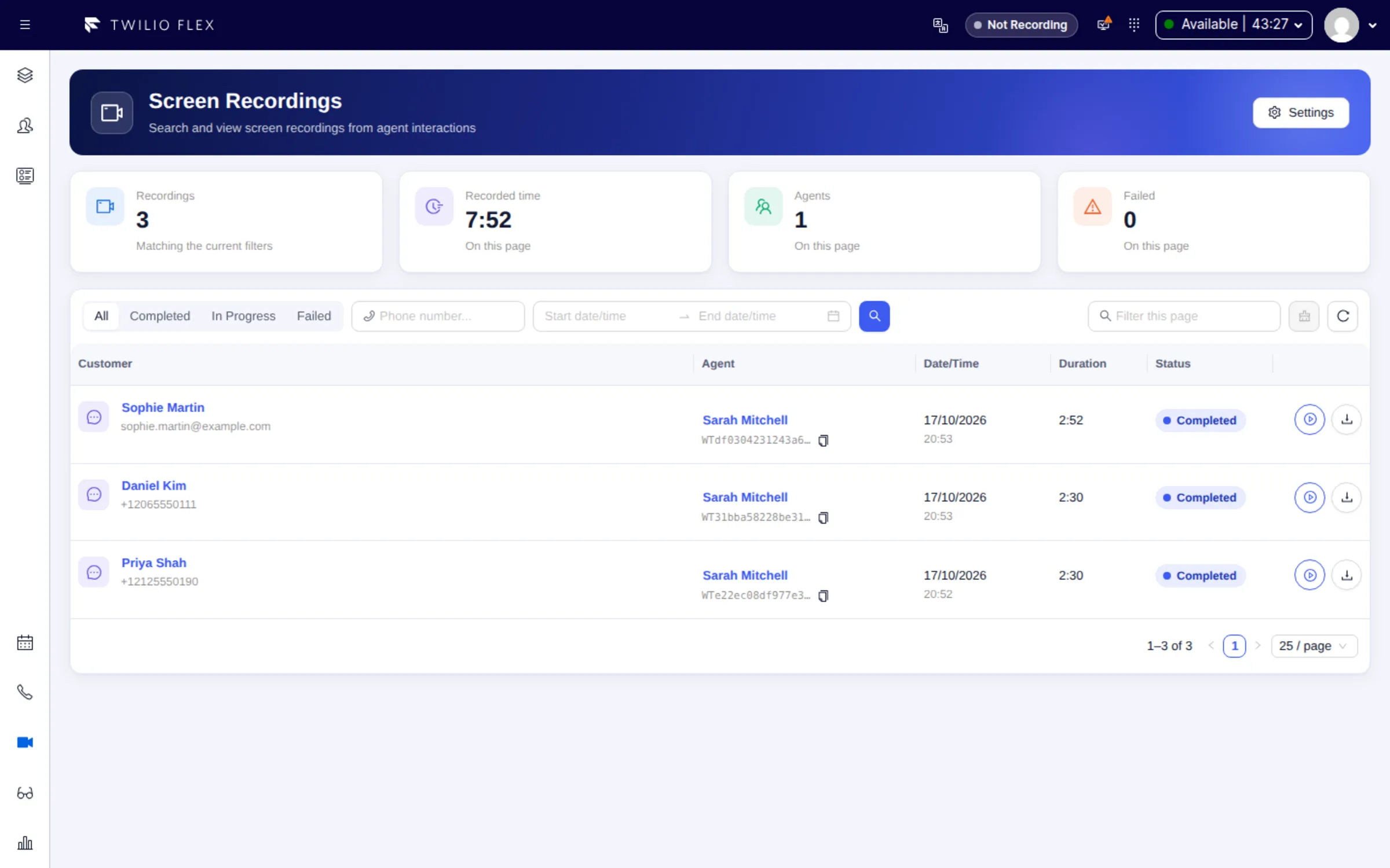 Floor Walker recordings library in Twilio Flex: every recording searchable, kept in private storage with automatic retention