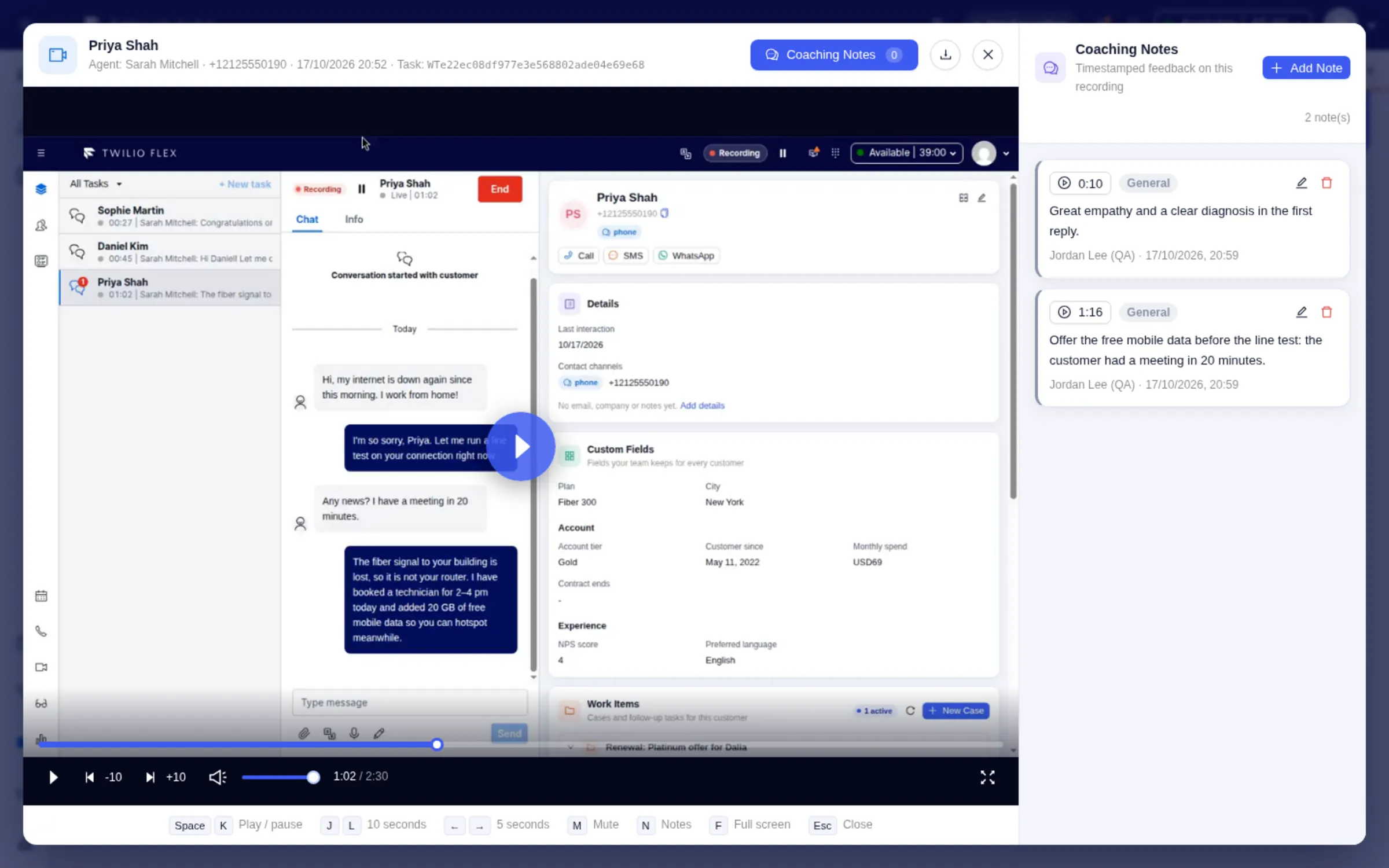 Playback of one conversation, with coaching notes on the timeline