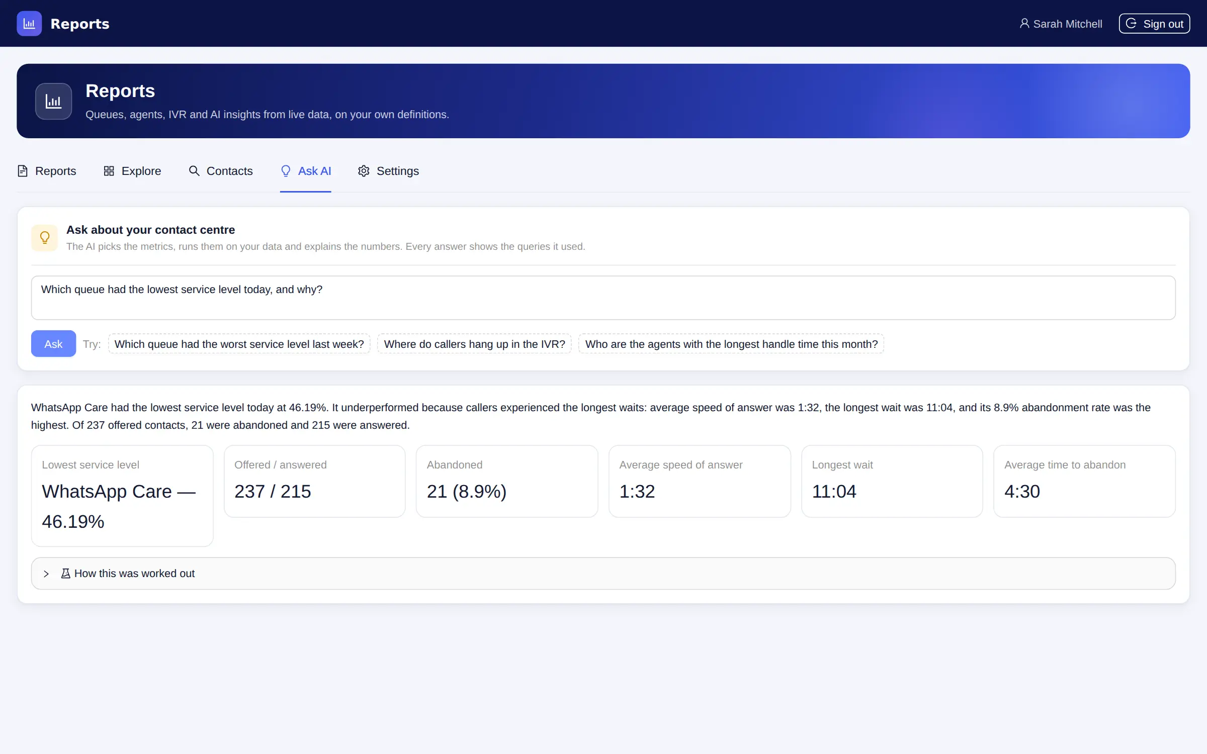 Ask AI answering a question about service level, with the queries it ran