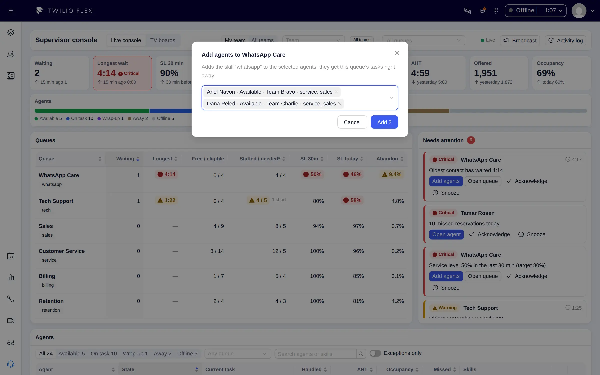 Adding agents to a queue from a Floor Walker attention item in Twilio Flex