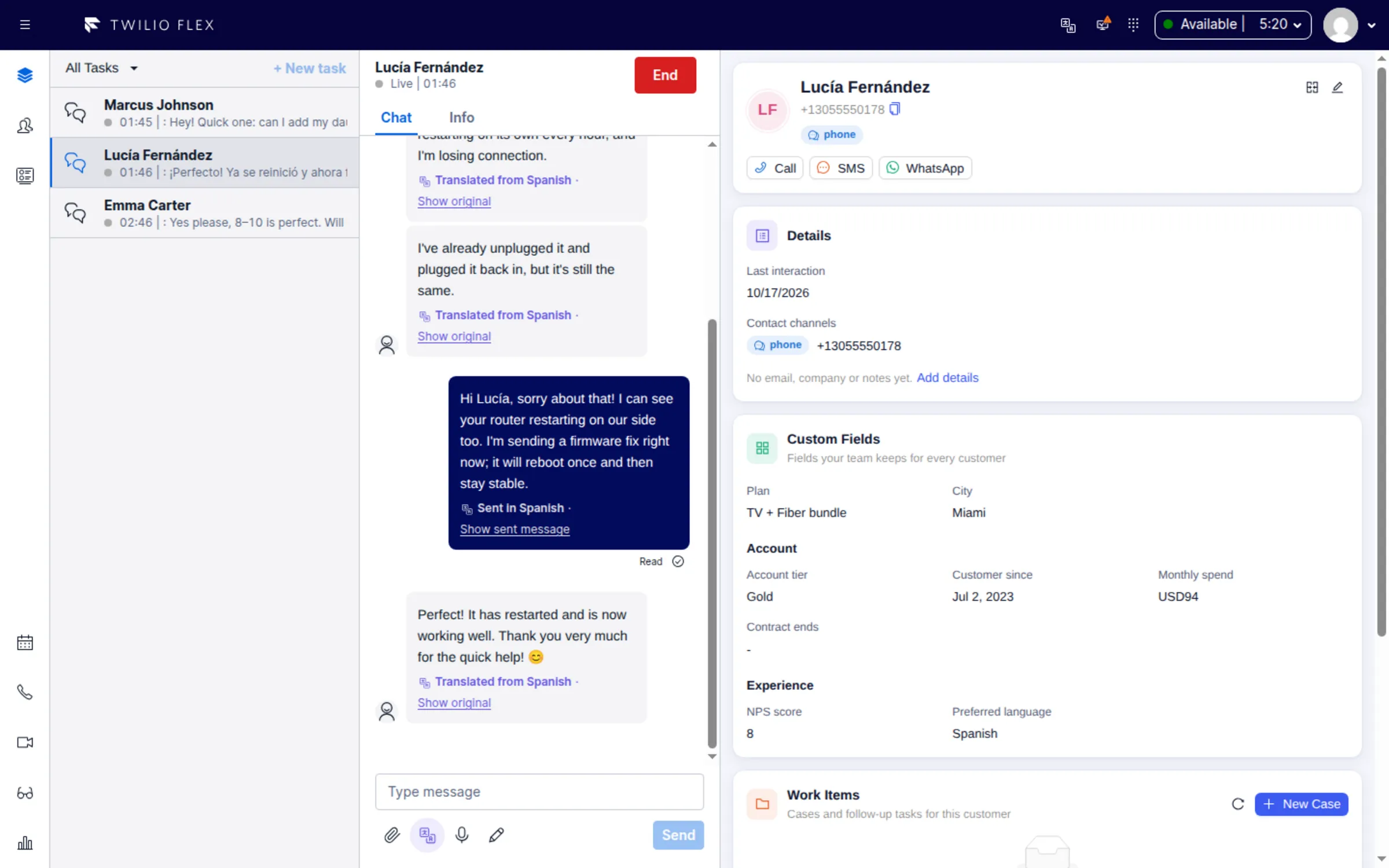 A Twilio Flex chat translated by Floor Walker: the customer writes Spanish, the agent reads and answers in English, and the customer receives Spanish