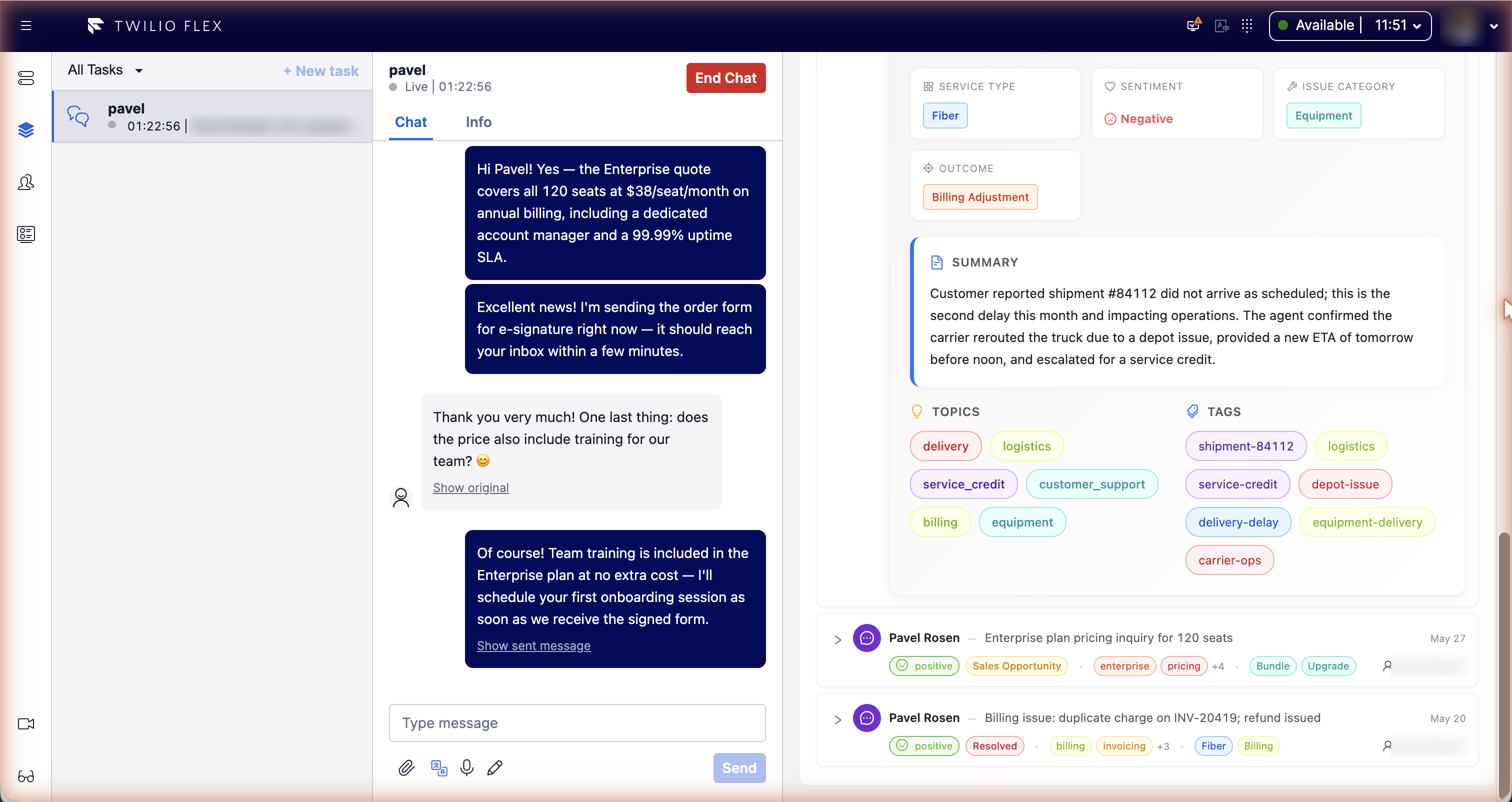 AI analysis of an interaction: service type, sentiment, issue category, outcome, summary, topics and tags
