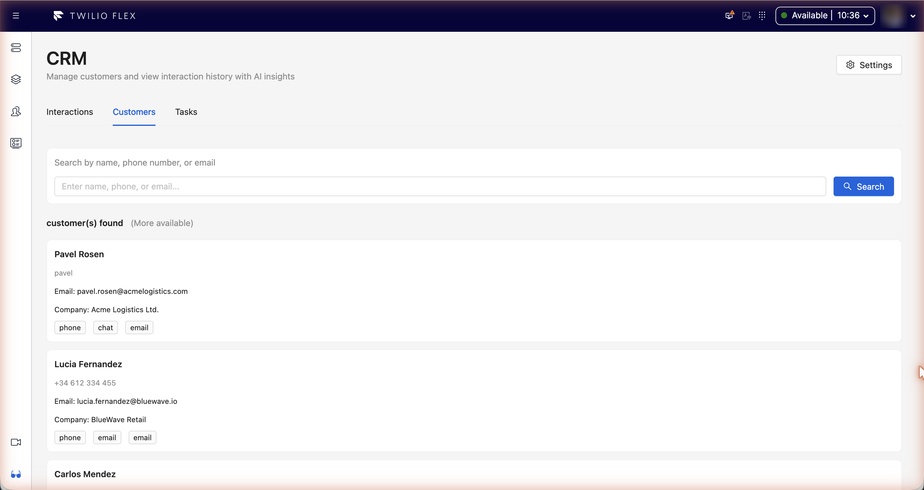 The Customers tab of the CRM page