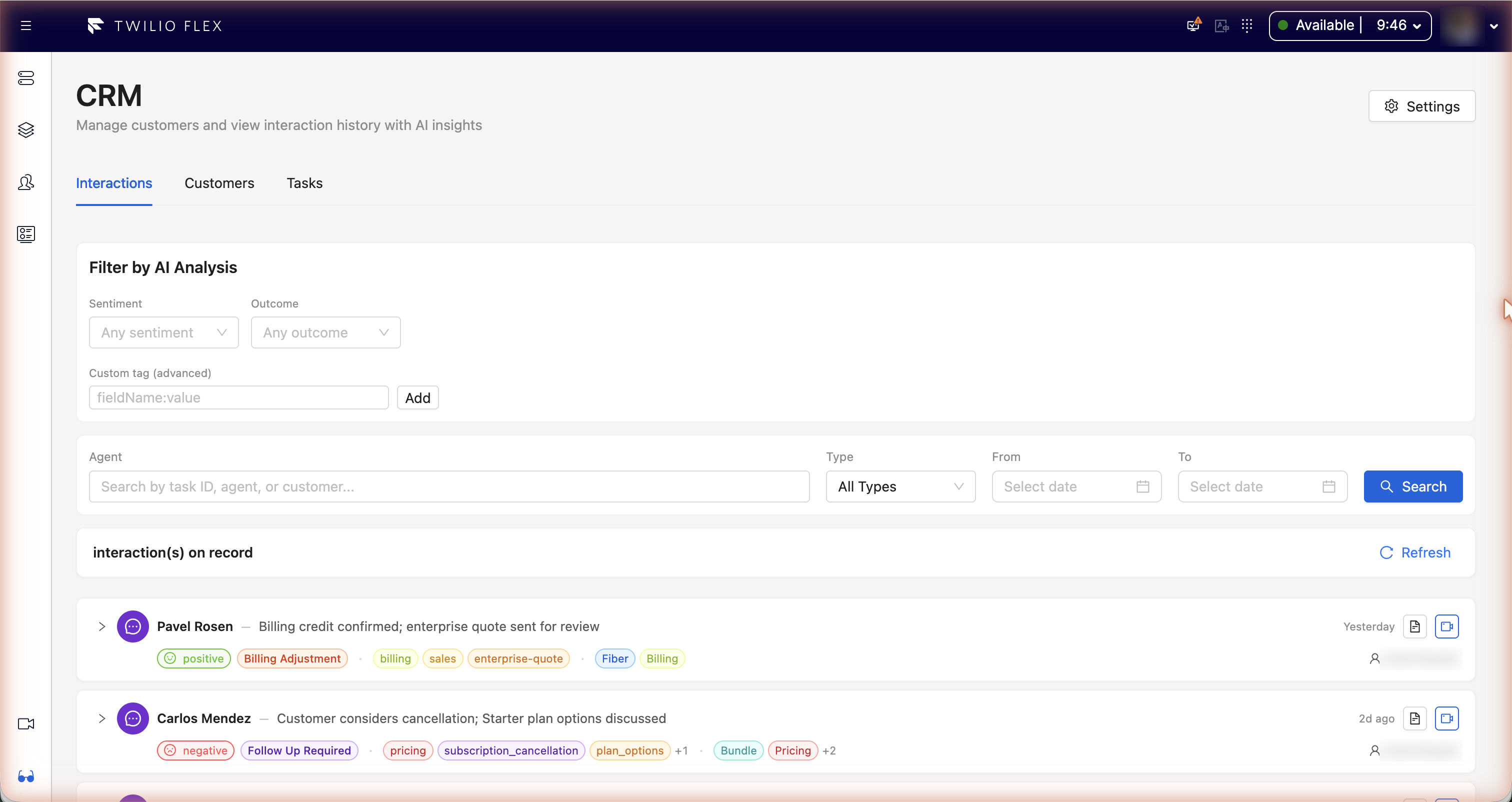 Interactions tab with AI filters